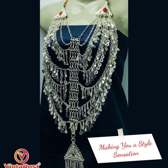 Multilayers Afghan Necklace, Tribal Afghani Necklace With Dangling Tassels - Picture 2 of 11